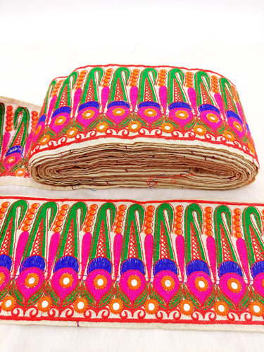 Off White Art Silk Fabric Trim, Paisley Embroidered Trim, Foil Mirror Embroidery